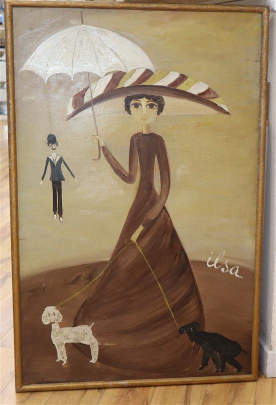 Ilsa Rodmell, oil on board, Woman walking poodles, signed, 118 x 76cm